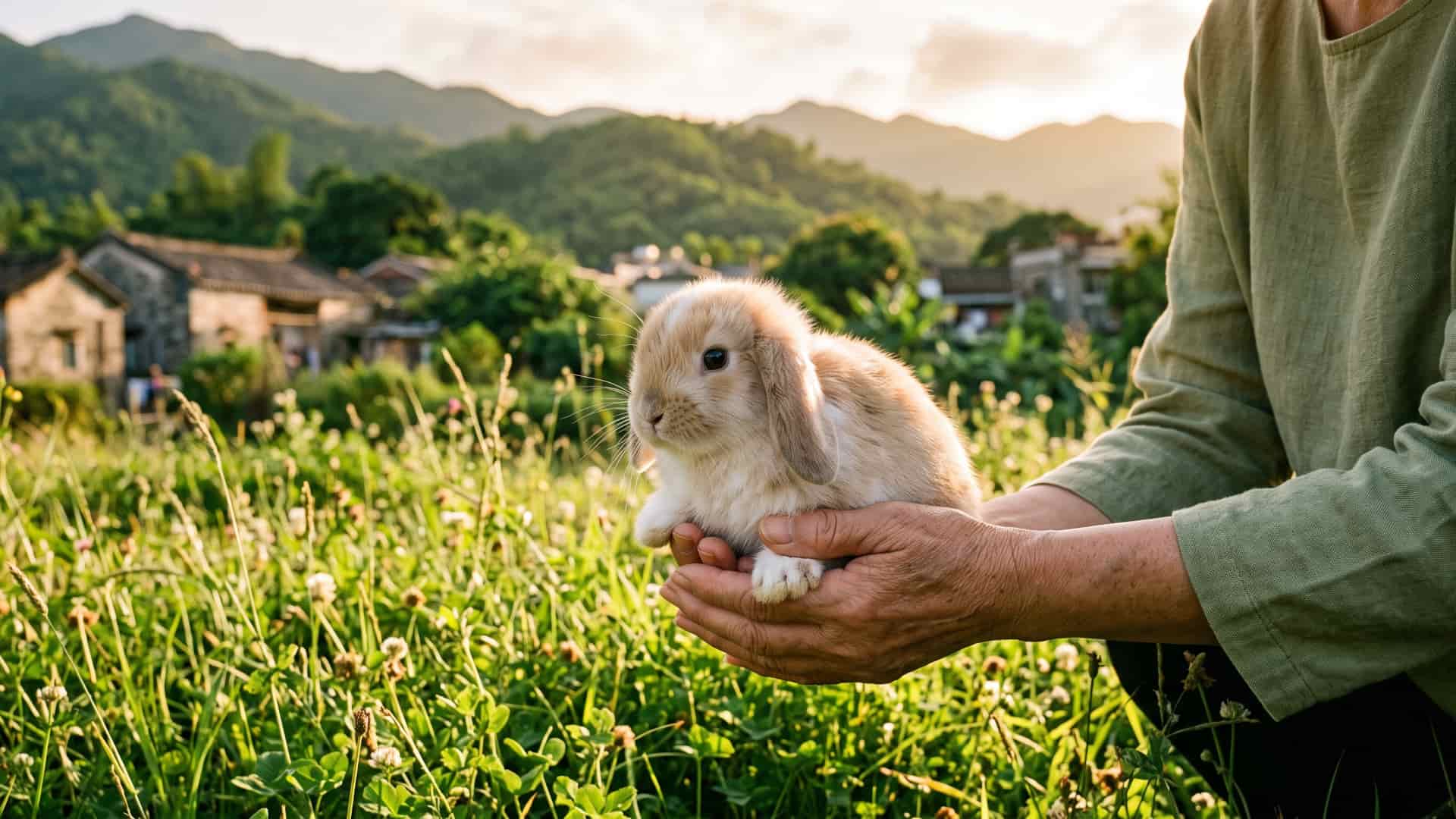 Farmer holding a happy rabbit